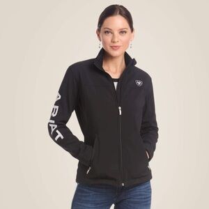 ARIAT New Team Softshell Jacket Womens Small Tailored Fit Black White Spell-Out
